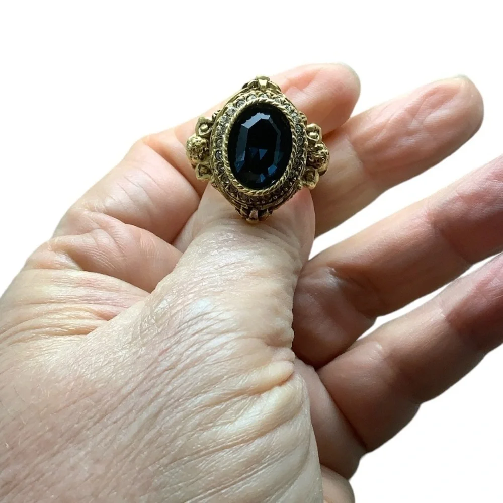 Gold tone blue & white Cubic Zirconia ring